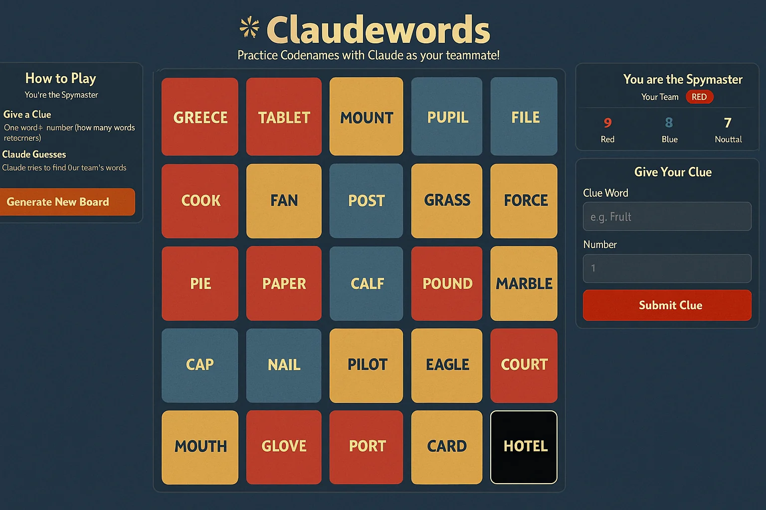 Claudewords game interface showing Codenames board with colored word tiles